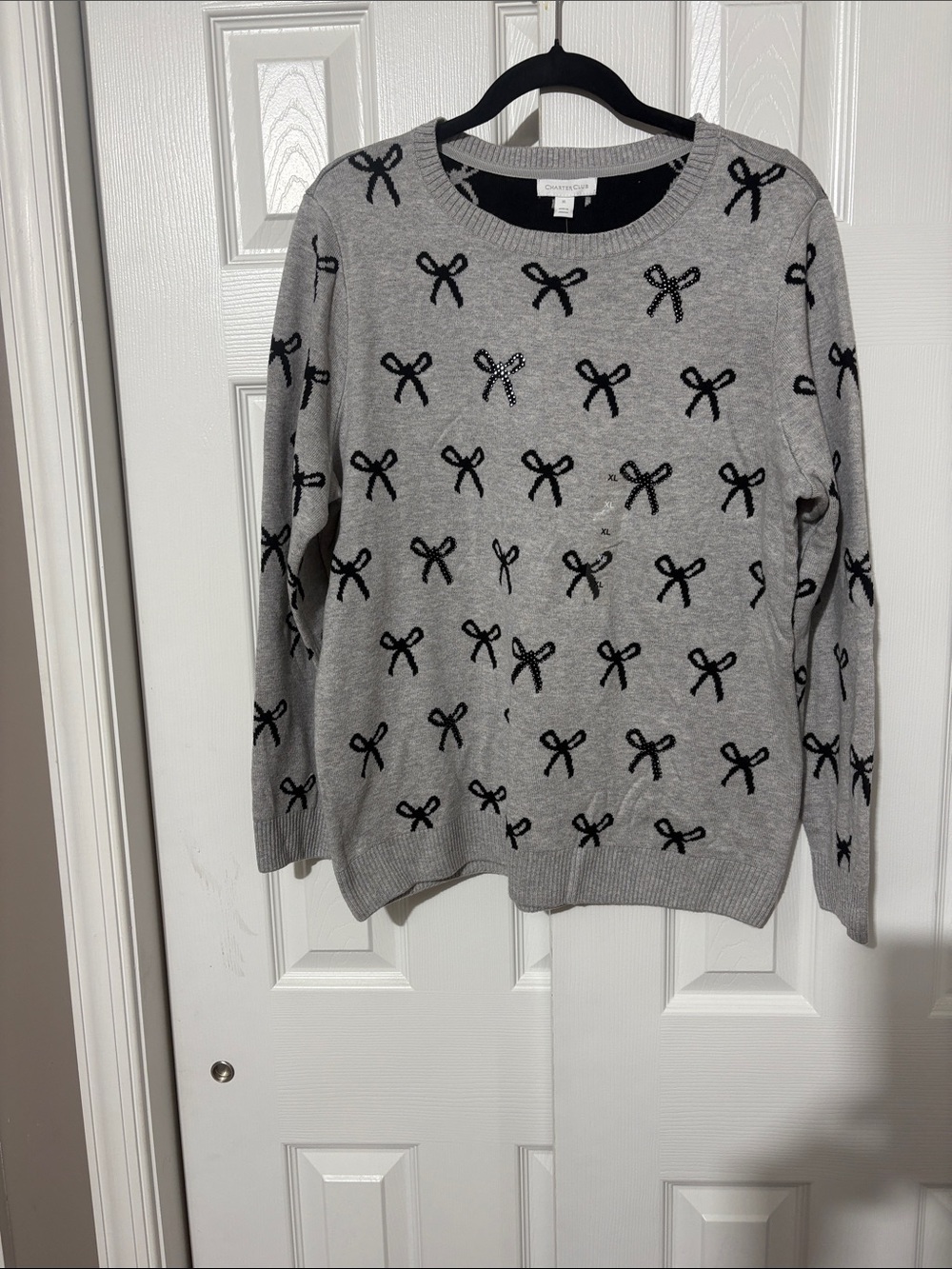 Charter Club Gray Crewneck Sweater with Black Bow Motif